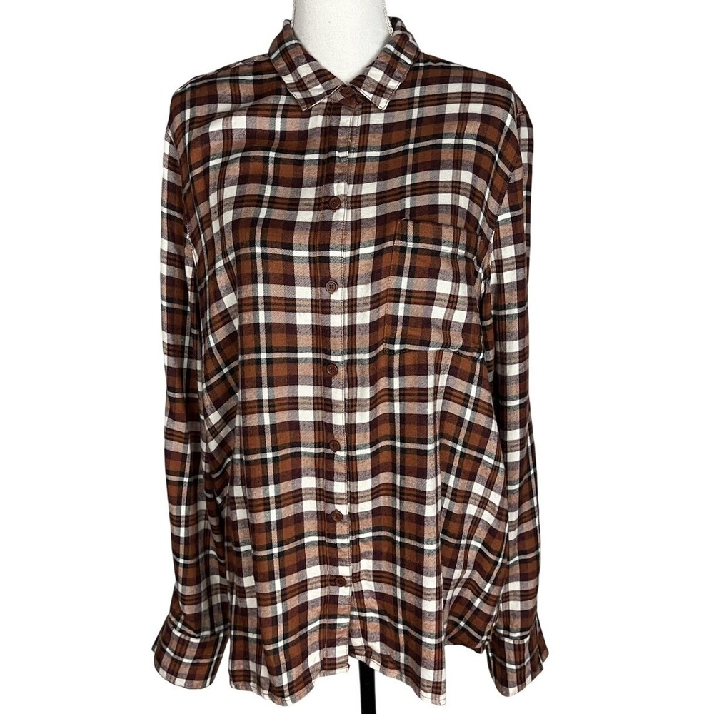 Beach Lunch Lounge Collection Plaid Flannel Button Up Women's XL/TG Rust Brown